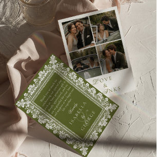 Carte De Remerciements Collage photo de mariage à l'argent ancien vert ol