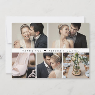 Carte De Remerciements Collage photo de mariage chic noir et blanc élégan