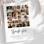 Carte De Remerciements Collage photo de mariage élégant<br><div class="desc">Un carte de remerciements mariage minimaliste à envoyer en famille et entre amis pour montrer votre appréciation d'eux vous aidant à célébrer votre merveilleuse journée. Avec un collage photo de 17 mariages,  le titre "merci" dans une police de caractères élégante,  et une note de remerciement personnalisée.</div>