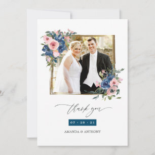 Carte De Remerciements Collage photo de Mariage floral Blush et Navy