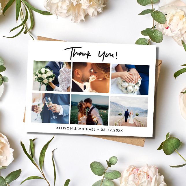 Carte de remerciements Collage photo du jour du ma (Wedding Day Photo Collage Thank You Card)