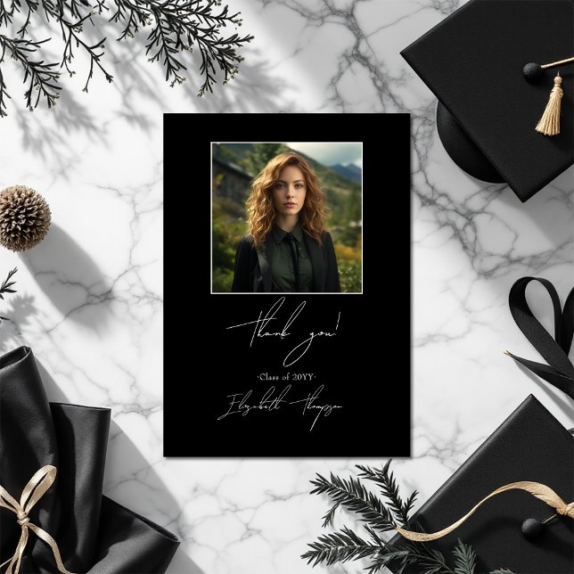 Carte De Remerciements Collage photo Elegant Black and White Graduation (Photo Collage Elegant Black and White Graduation Thank You Card)