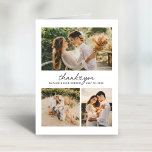 Carte De Remerciements Collage photo Mariage de script de coeur moderne<br><div class="desc">Mariage vertical plié merci cartes photos disposent d'un texte de script noir moderne et minimal "Merci" avec un accent de coeur mignon, monogramme des noms du couple marié et marié, ainsi qu'un simple collage de 3 photos sur le devant. Espace pour une photo supplémentaire et message de remerciement personnalisé qui...</div>