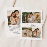 Carte De Remerciements Collage photo Mariage de script de coeur moderne<br><div class="desc">Mariage vertical plat merci les cartes photos disposent d'un texte de script noir moderne et minimal "Merci" avec un accent de coeur mignon, monogramme des noms du couple marié et marié, ainsi qu'un simple collage de 3 photos sur le devant. Espace pour une photo supplémentaire et message de remerciement personnalisé...</div>