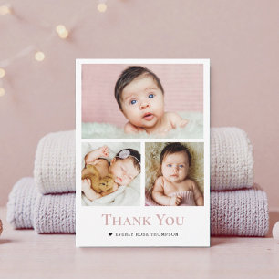 Carte De Remerciements Collage photo Rose Poussiéreuse Rose Fille Baby sh