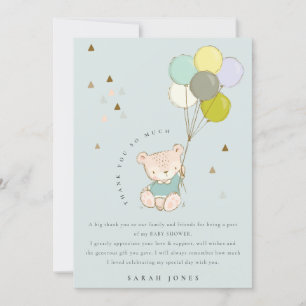 Carte De Remerciements Coloré Cute Aqua Blue Bear Baby shower Ballons