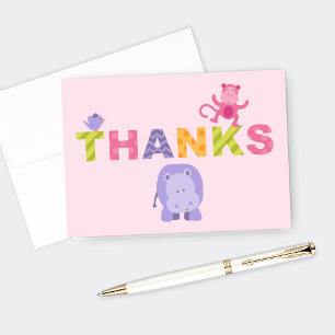 Carte De Remerciements Colorful Jungle Animals for Baby Girl Pink