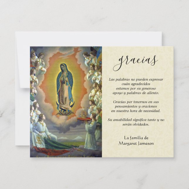 Carte De Remerciements Condolence de la Vierge catholique espagnole (Devant)