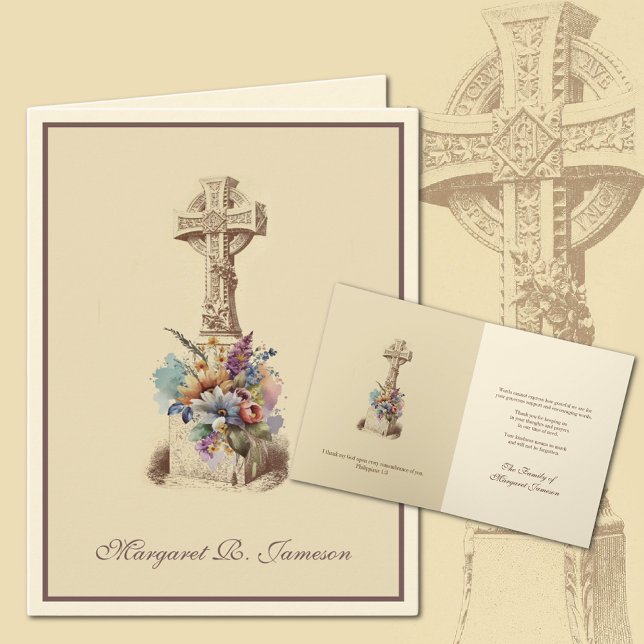 Carte De Remerciements Condolence florale de la Croix celtique irlandaise (Irish Celtic Cross Funeral Condolence Thank You Cards)