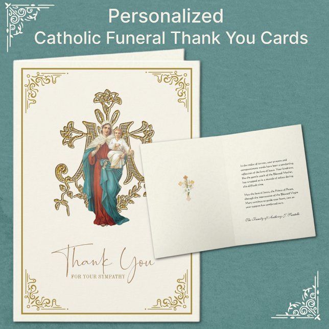 Carte De Remerciements Condolence funéraire catholique Jésus-Marie (Personalized Catholic Funeral Thank you Cards with the Virgin Mary and Jesus)