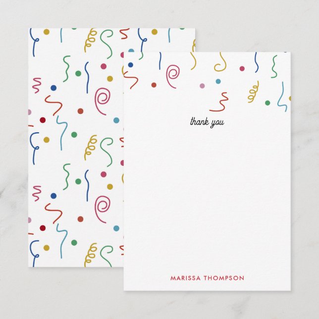 Carte De Remerciements Confettis de fête personnalisés couleur avec nom (Devant / Derrière)