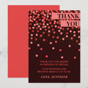 Carte De Remerciements Confettis Noir et Rouge Chic Anniversaire