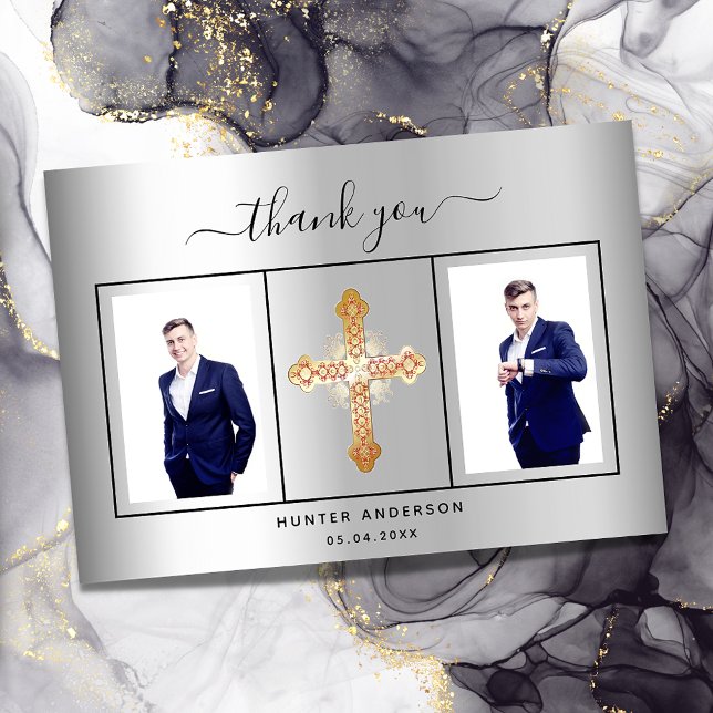 Carte De Remerciements Confirmation argent script photo garçon (Créateur téléchargé)