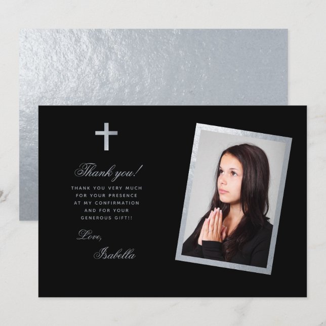 Carte De Remerciements Confirmation Black Faux Silver Photo Calligraphie (Devant / Derrière)
