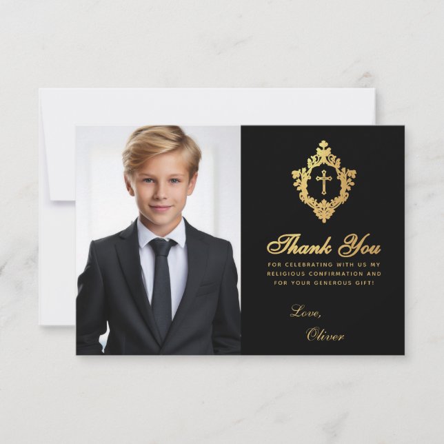 Carte De Remerciements Confirmation Black Gold Crest Elegant Boy Photo (Devant)