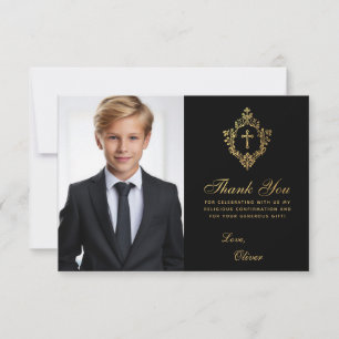 Carte De Remerciements Confirmation Black Gold Crest Elegant Boy Photo
