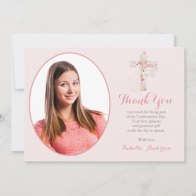 Carte De Remerciements Confirmation blush rose Floral Cross Girl Photo (Devant)