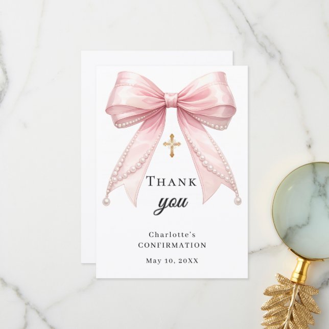 Carte De Remerciements Confirmation bow pink pearls gold cross (Devant/Arrière en situation)