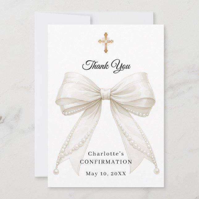 Carte De Remerciements Confirmation bow white ivory pearls (Devant)