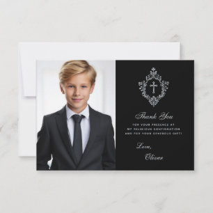 Carte De Remerciements Confirmation Boy Photo Elegant Vintage Crest Black