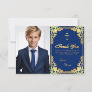 Carte De Remerciements Confirmation Boy Photo Vintage Royal Blue Gold