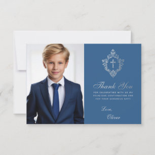 Carte De Remerciements Confirmation Classique Bleu Vintage Crest Boy Phot
