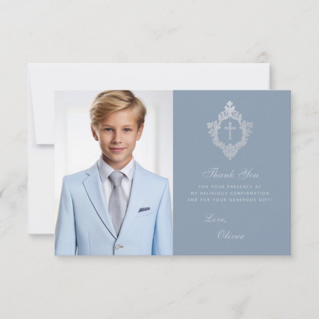 Carte De Remerciements Confirmation Dusty Blue Boy Photo Silver Crest (Devant)
