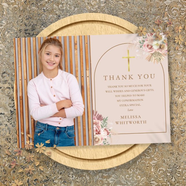 Carte De Remerciements Confirmation florale en laiton rose vif Pampas (Blush Pink Gold Pampas Grass Floral Confirmation Thank You Card)