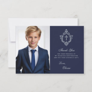Carte De Remerciements Confirmation Marine Blue Faux Silver Crest Boy Pho