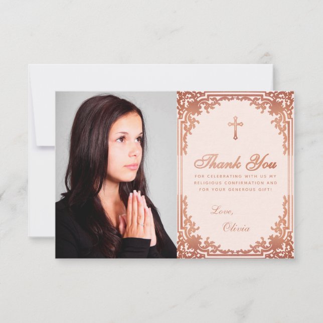 Carte De Remerciements Confirmation Rose Rose Gold Girl Photo Elegant (Devant)