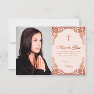 Carte De Remerciements Confirmation Rose Rose Gold Girl Photo Elegant