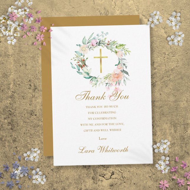 Carte De Remerciements Confirmation Roses Floral Or Script (Roses Floral Gold Script Confirmation Thank You Card)