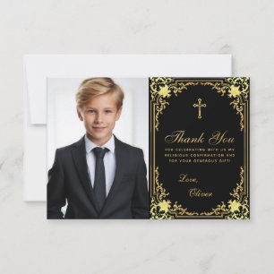 Carte De Remerciements Confirmation Vintage Black Faux Gold Boy Photo