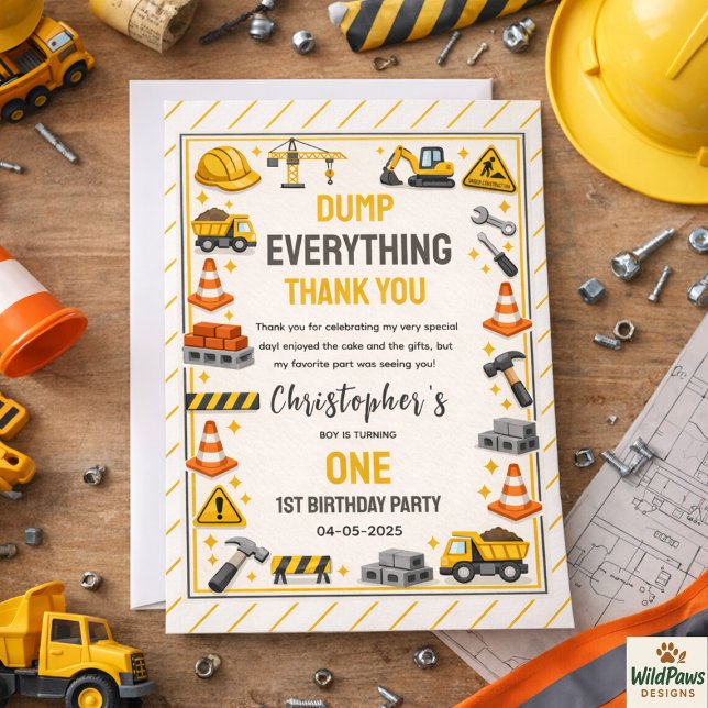 Carte De Remerciements Construction 1ST Birthday | Builder Truck Party  (Construction 1ST Birthday | Builder Truck Party Thank You Card
)