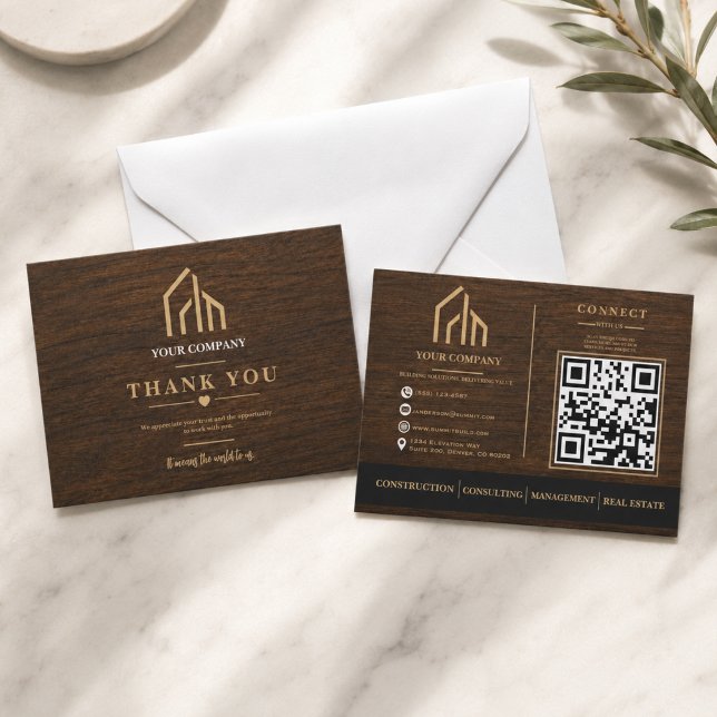 Carte De Remerciements Construction de code QR à grain de bois moderne  (Modern Wood Grain QR Code Construction Thank You Card
)