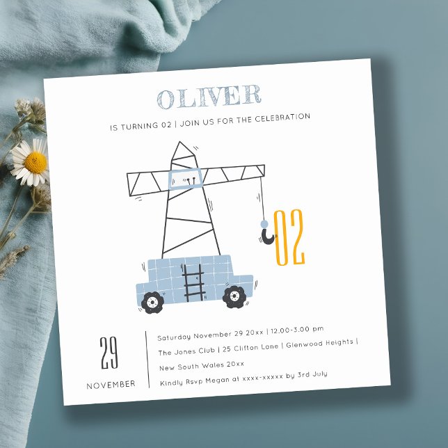 Carte De Remerciements Construction Grue Enfants N'importe quel âge Anniv (Créateur téléchargé)