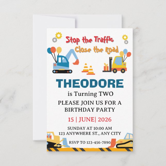 Carte De Remerciements Construction Truck Vehicles Boys 2nd Birthday (Devant)