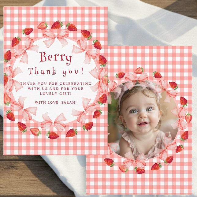 Carte De Remerciements Coquette Berry First Birthday Red Gingham Photo (Coquette Berry First Birthday Red Gingham Photo Thank You Card)