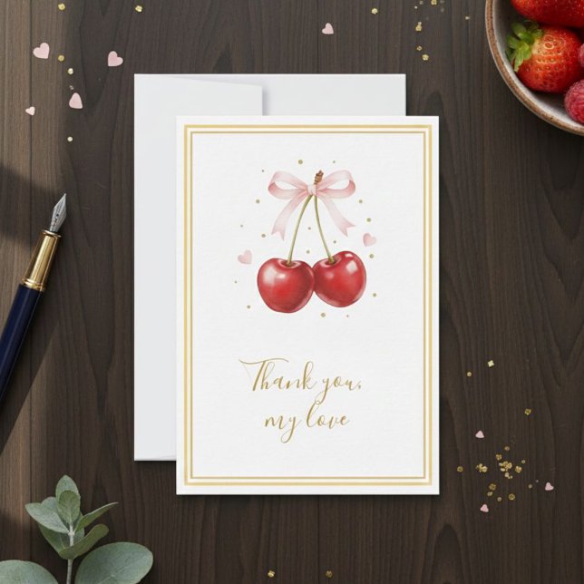 Carte De Remerciements Coquette Cherry Thank You Card Pink Bow Gold (Créateur téléchargé)