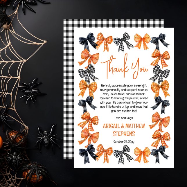 Carte De Remerciements Coquette Halloween Noir | Rubans Orange Baby Showe (Halloween Coquette Black | Orange Bows Girl Baby Shower Thank You Card)