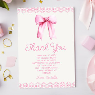 Carte De Remerciements Coquette rose Bow fête d'anniversaire