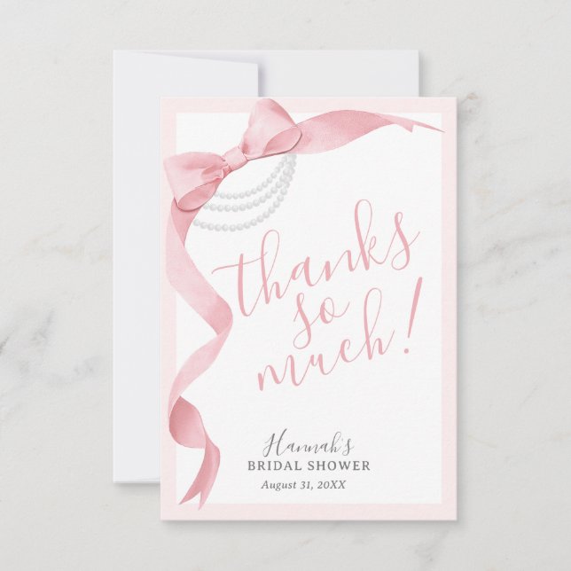 Carte De Remerciements Coquette Rose Bow & Perles Fête de Mariage Simple (Devant)