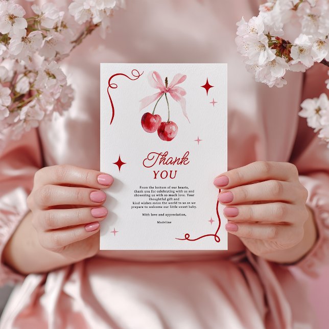 Carte De Remerciements Coquette rose cerise Bow sur le dessus Baby shower (Pink Coquette Bow Cherry On top Girl Baby Shower Thank You Card)