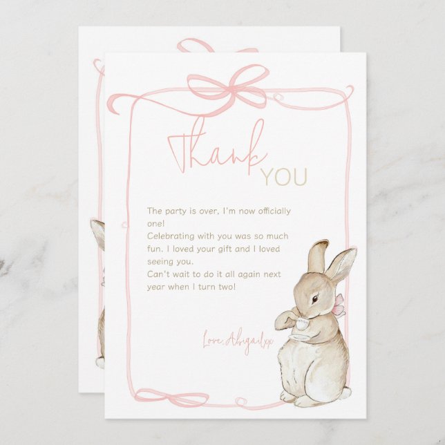 Carte De Remerciements Coquette rose Pierre le lapin 1er premier annivers (Devant / Derrière)