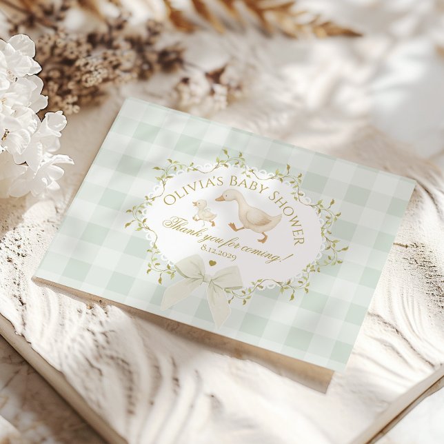 Carte De Remerciements Coquette Silly Goose Sage Gingham Baby Shower (Créateur téléchargé)