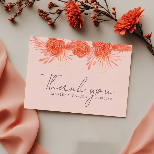 Carte De Remerciements Coral Pink Orange Floral Script Wedding (Créateur téléchargé)