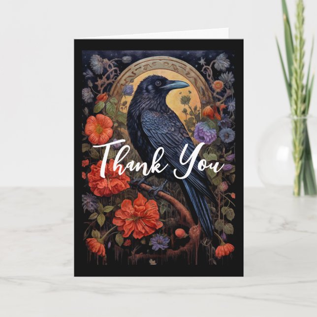 Carte De Remerciements Corbeau noir avec fleurs Design gothique (Devant)