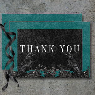 Carte De Remerciements Corbeau noir gothique & Roses noirs Turquoises Dét