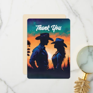 Carte De Remerciements Coucher de soleil Cowboy et Cowgirl