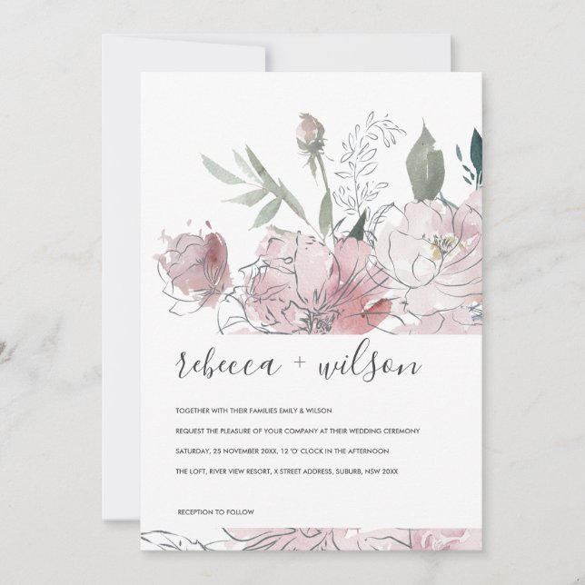 CARTE DE REMERCIEMENTS COULEUR D'EAU BLEU ROSE DOUCE INVITER MARIAGE FLOR (Devant)